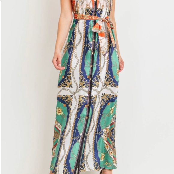Small Medium Women's Luxury Brocade Maxi Sash Print Maxi Dress - Picture 3 of 5